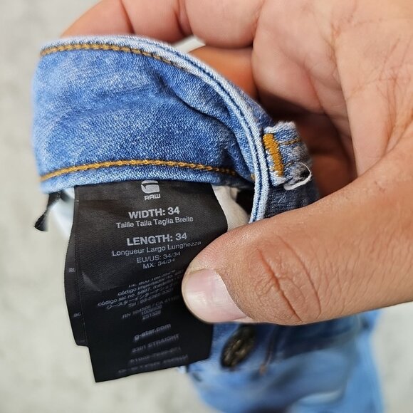 G-Star Raw 3301 Jeans Mens Size 34X32 Light Blue Straight Leg Button Fly Stretch - Picture 6 of 14